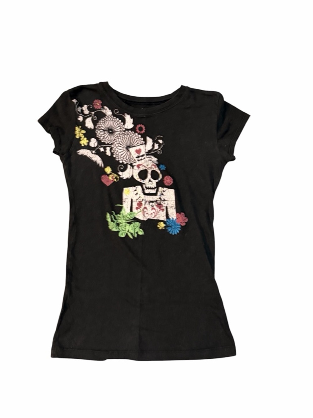 LOL Black Short-Sleeve Graphic Tee featuring a Colorful Sugar Skull Design Sz XS